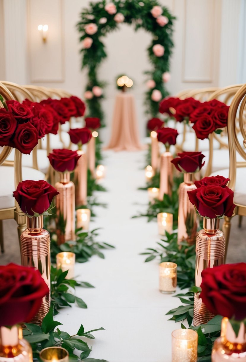 Red roses and rose gold accents adorn a wedding aisle, creating a romantic and elegant atmosphere