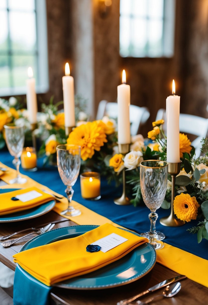 A citrine yellow and slate blue wedding table setting with flowers and candles