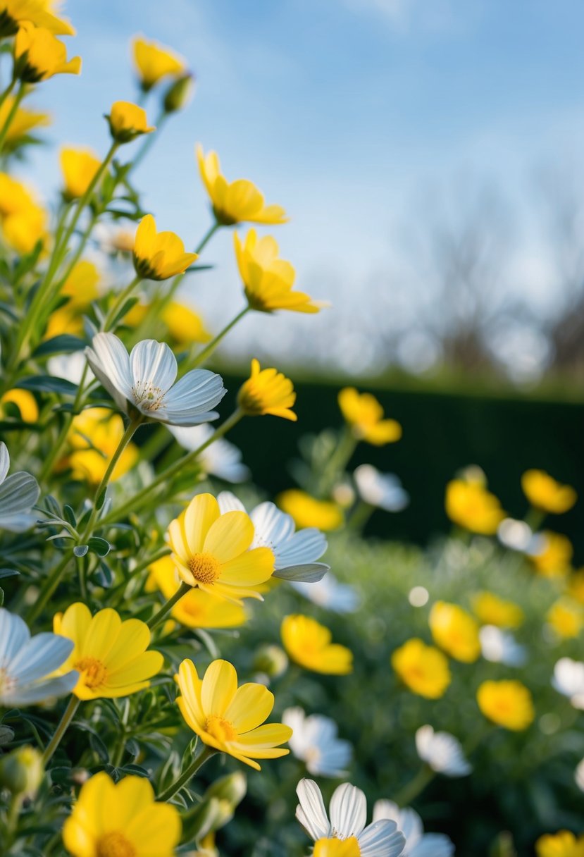 A serene garden with yellow and silver flowers, set against a backdrop of soft sunlight and a clear blue sky