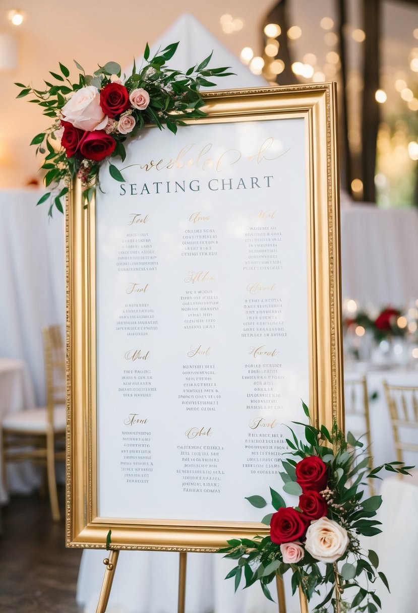 A gold-framed seating chart adorned with red and rose gold accents for a wedding celebration