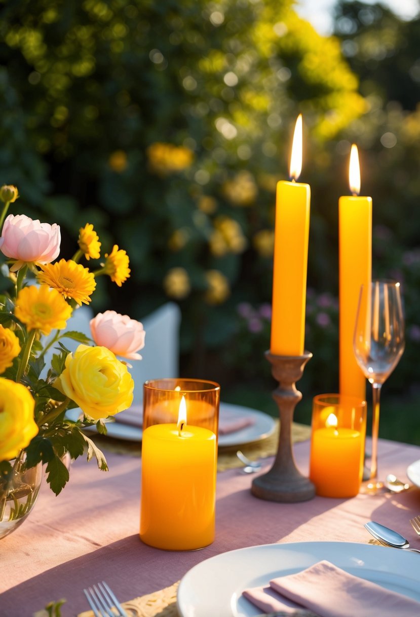 A sunlit garden with yellow and pink flowers, a dusty rose tablecloth, and amber yellow candles casting a warm glow