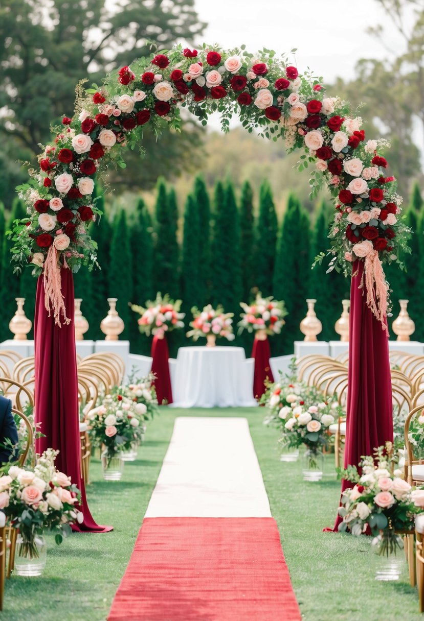 A grand ceremony arch adorned with ruby red and rose gold accents stands against a backdrop of lush greenery and blooming florals