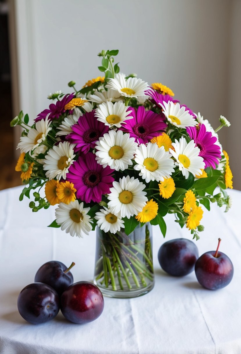 A vibrant bouquet of daisies and plums arranged on a white tablecloth