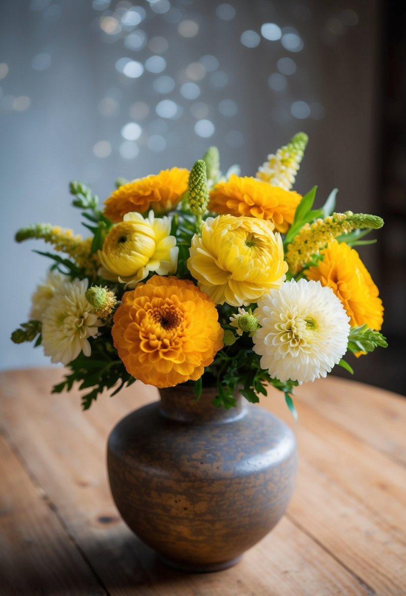 A vibrant bouquet of saffron yellow and ivory yellow flowers arranged in a rustic vase on a wooden table