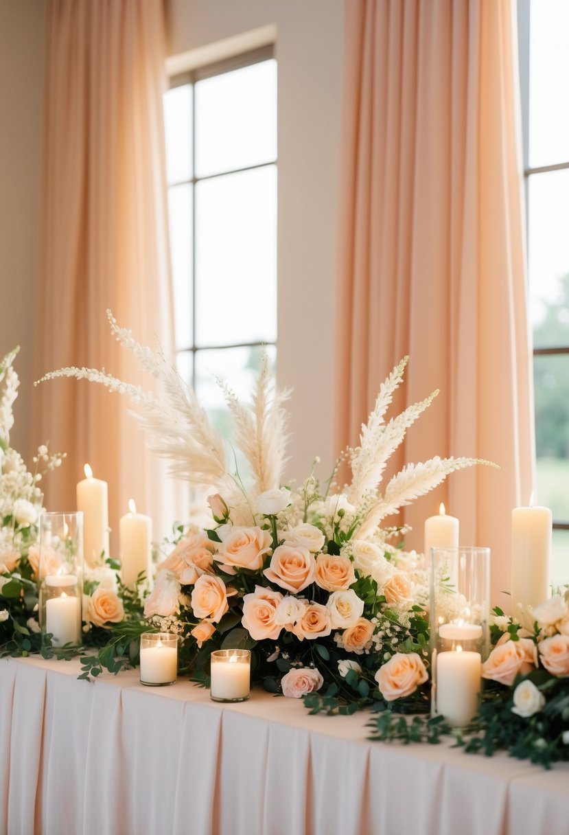 A peach and ivory wedding scene with delicate floral arrangements, flowing fabric drapery, and glowing candlelight