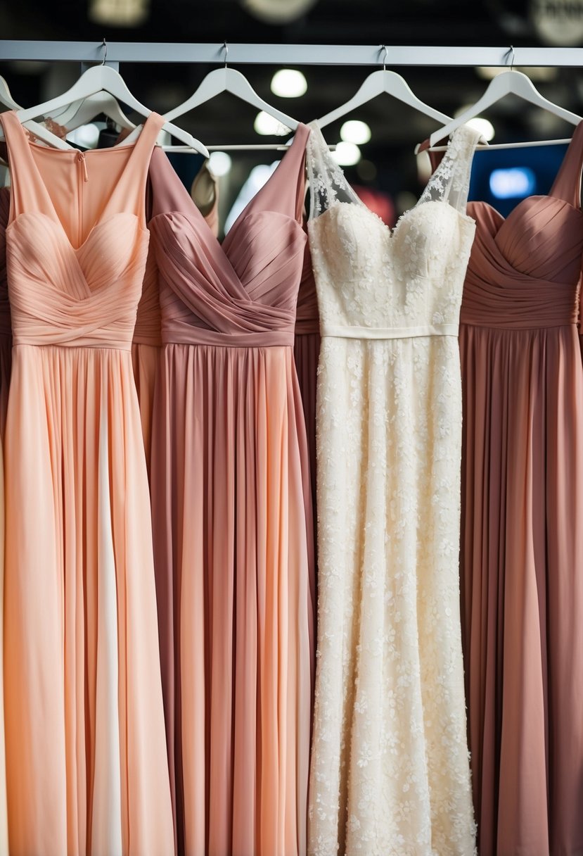 A group of bridesmaid dresses in shades of peach and ivory arranged on a display stand