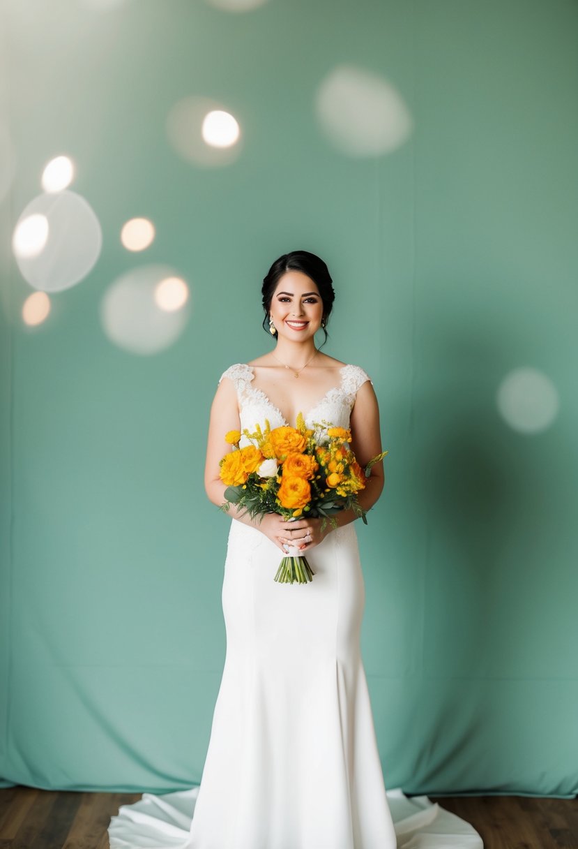 A bride holding a marigold yellow bouquet against a sage green backdrop