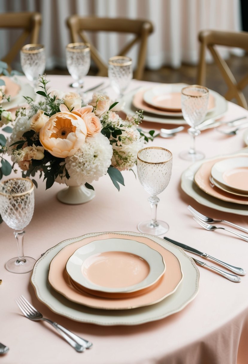 An elegant table set with peach and ivory dinnerware, adorned with delicate floral centerpieces and sparkling glassware