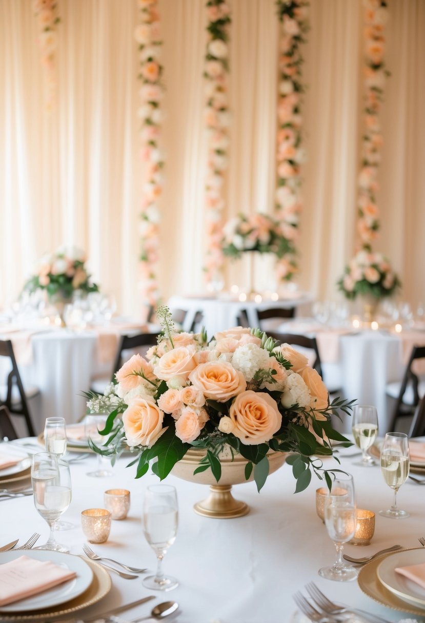 A table adorned with peach floral centerpieces, set against a backdrop of ivory wedding decor