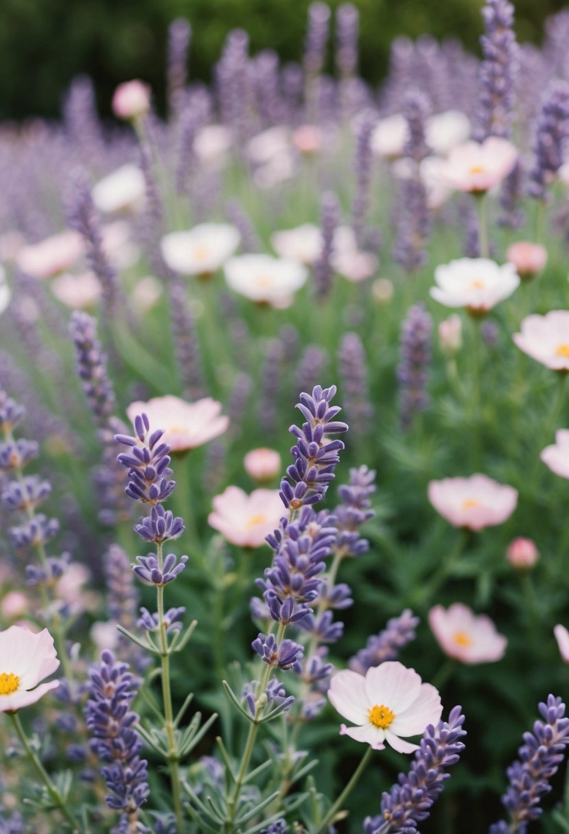 A serene garden filled with lavender and light pink flowers, with a delicate pastel color palette