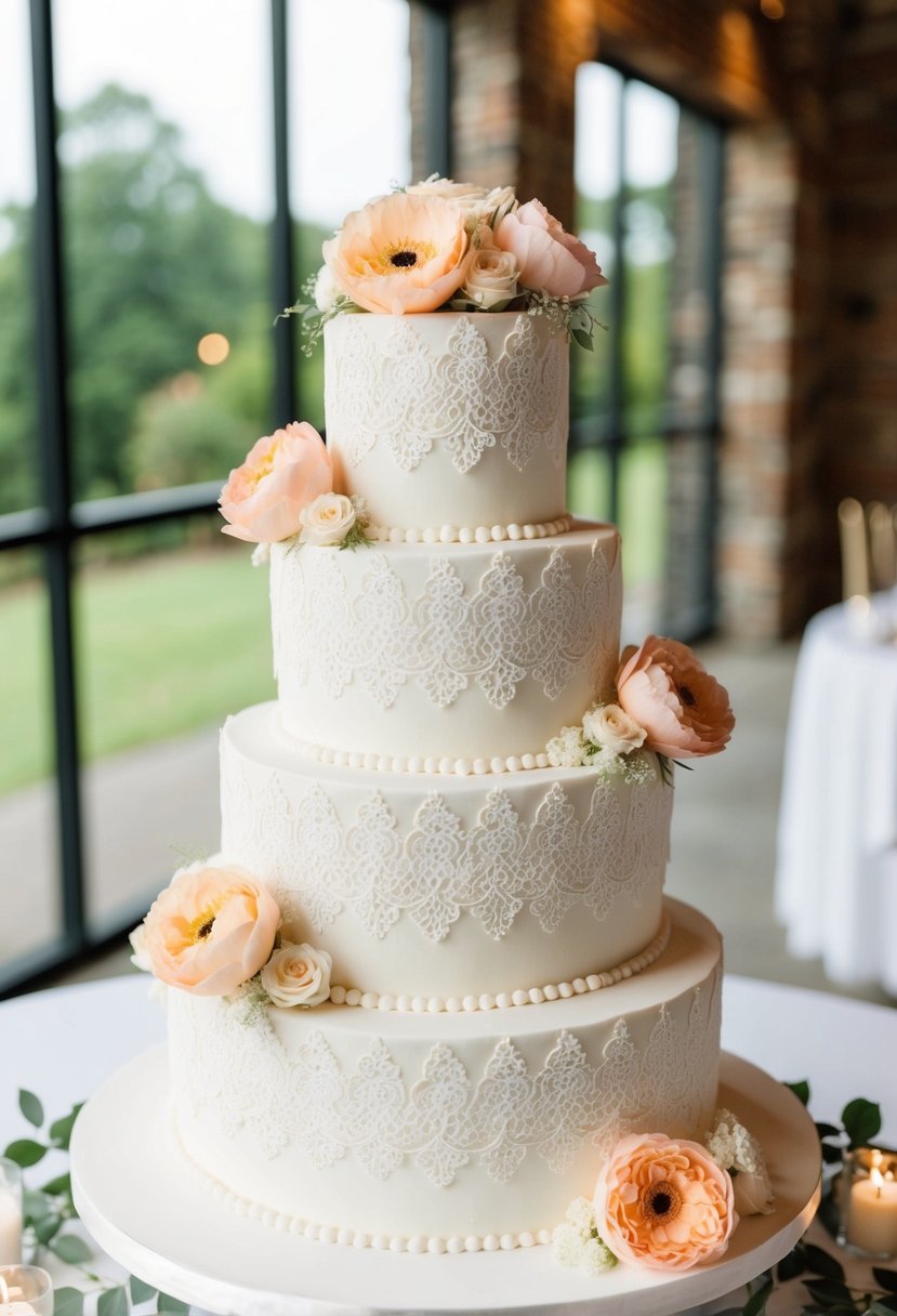 A three-tiered ivory lace wedding cake adorned with peach and ivory floral accents