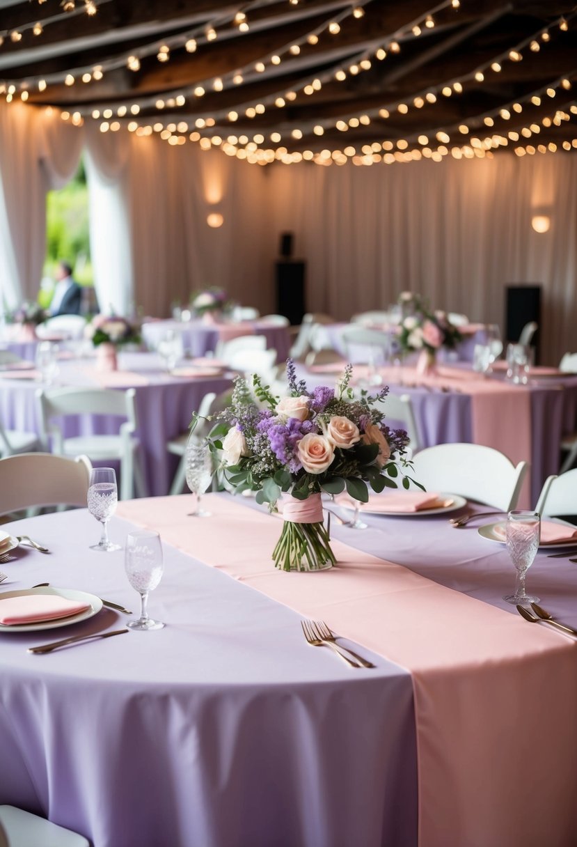 Lavender tablecloths and light pink runners adorn a wedding reception table