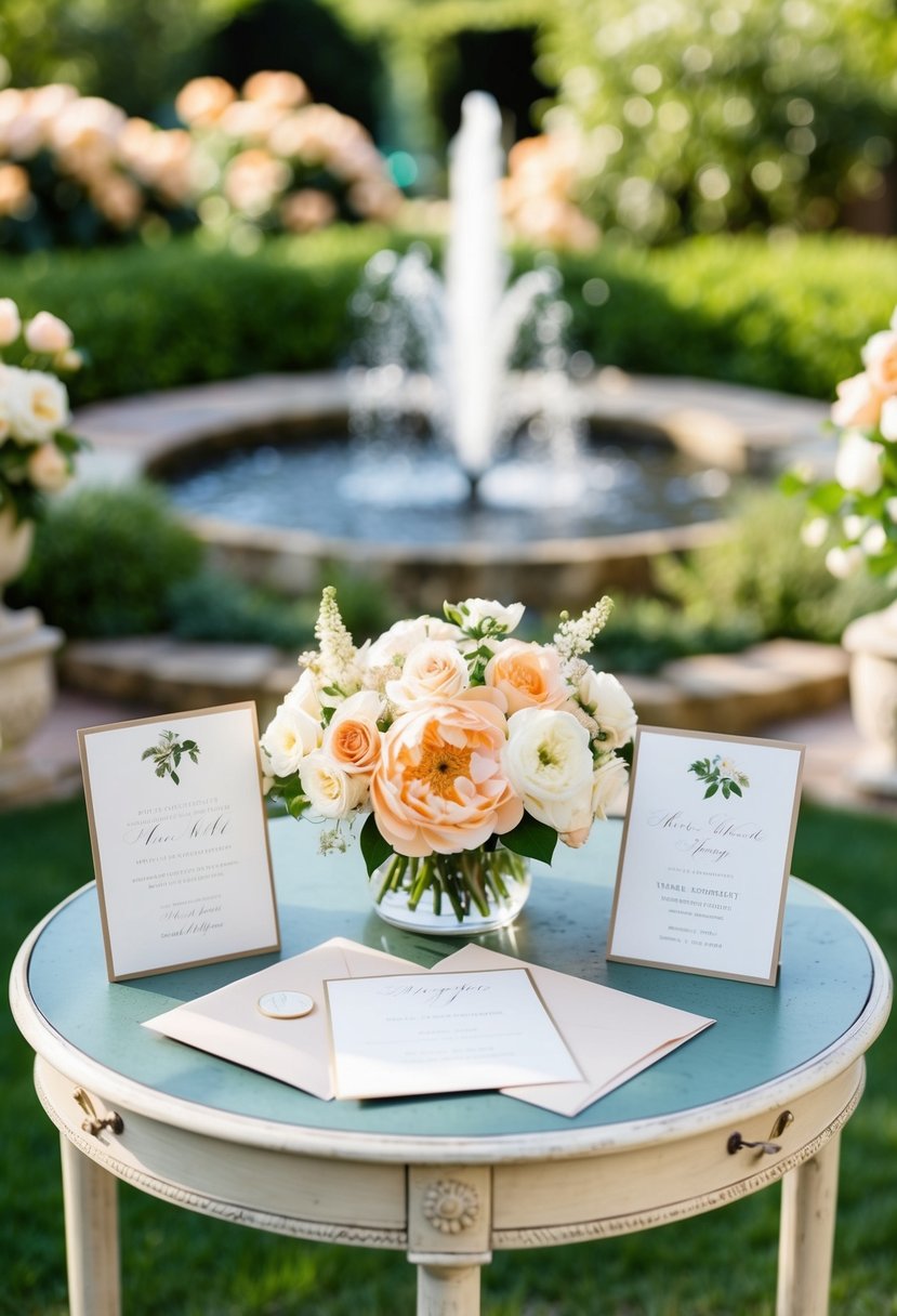 A serene garden setting with peach and ivory flowers, a flowing fountain, and elegant wedding invitations displayed on a vintage table