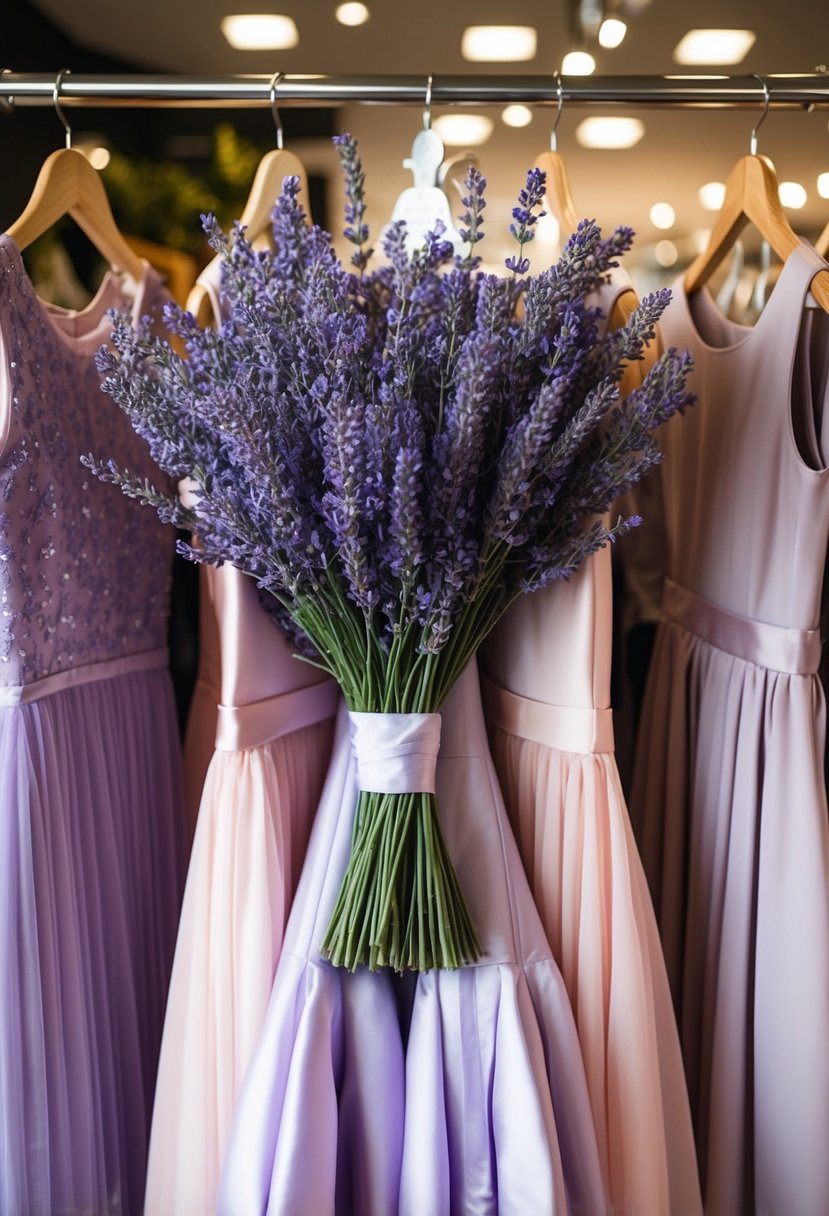 A bouquet of lavender and light pink dresses arranged on a display rack