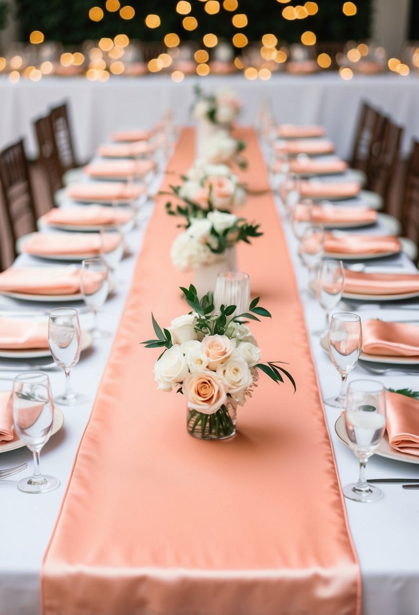 A table adorned with peach satin runners and ivory accents for a wedding reception