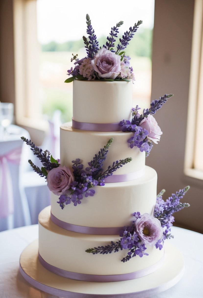 A three-tiered wedding cake adorned with lavender flowers and light pink accents, exuding a delicate floral aroma