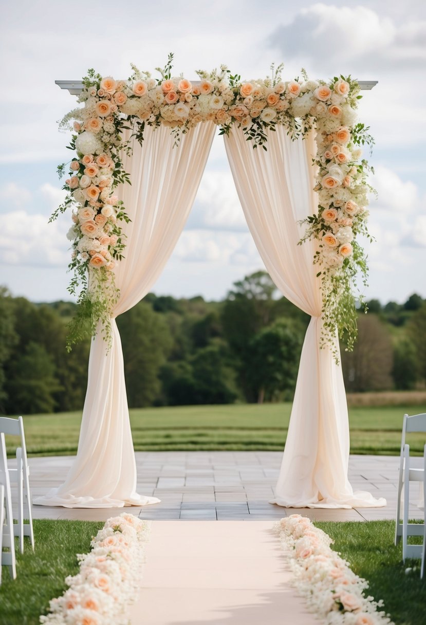 An elegant ivory draped ceremony arch adorned with peach and ivory flowers