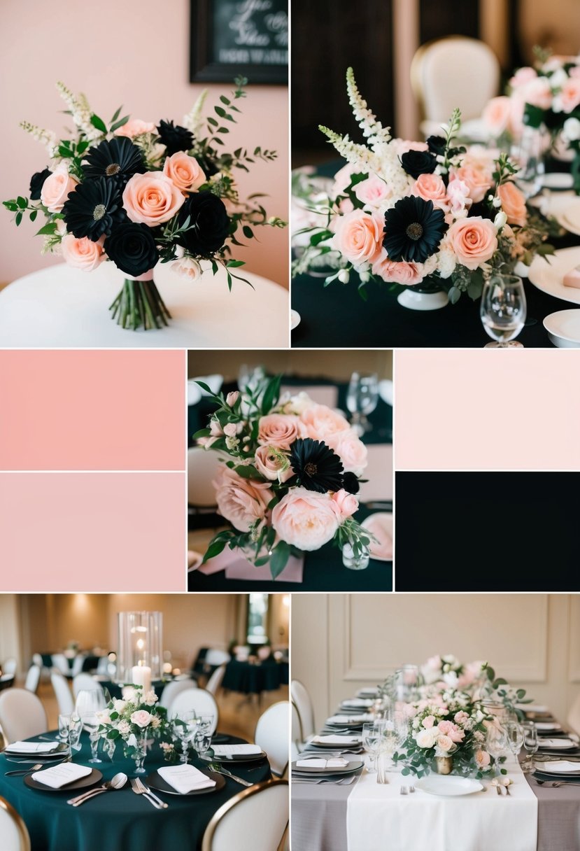 A black and light pink wedding color palette with floral decorations and elegant table settings