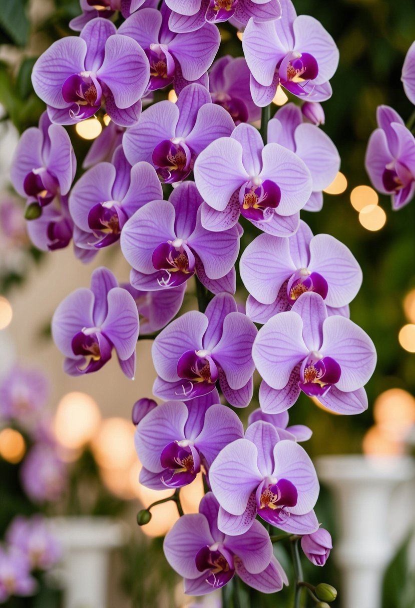 Cascading orchids in lavender and light pink create a lush, romantic wedding scene