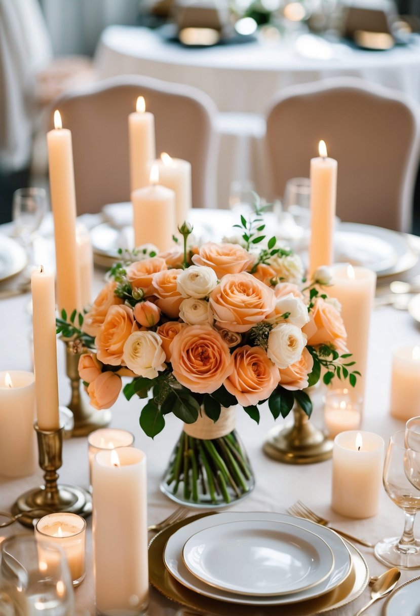 A peach bouquet surrounded by ivory candles and table linens