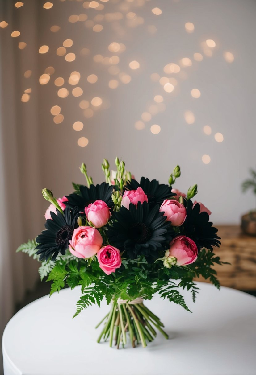 A bouquet of black and pink flowers arranged on a white table