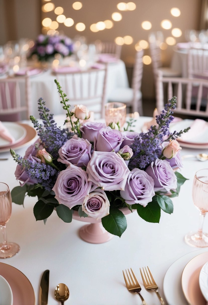 A table adorned with lavender roses and blush accents, creating a romantic and elegant centerpiece for a wedding celebration