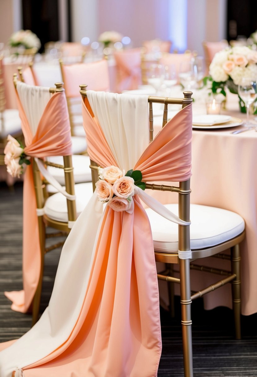 Peach and ivory chair covers draped over elegant chairs at a wedding reception