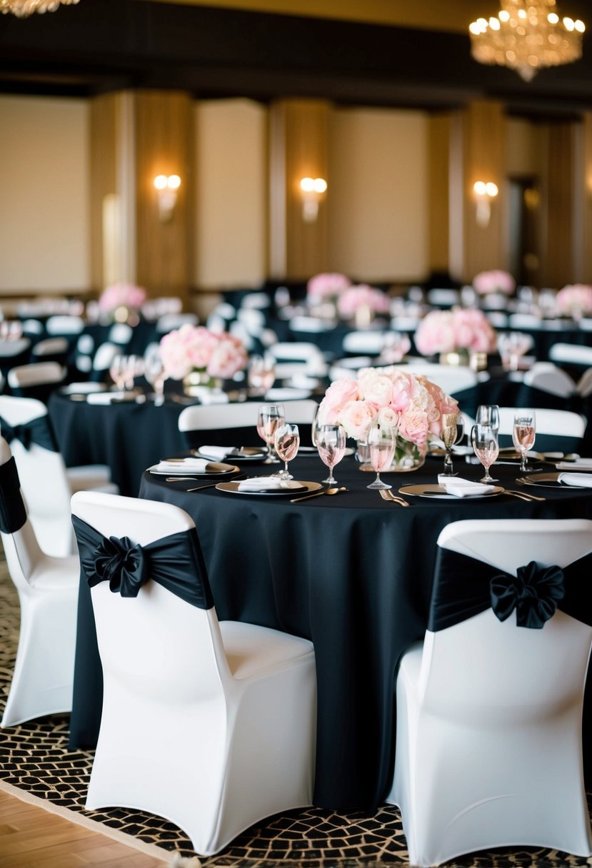 Black tablecloths with light pink centerpieces on elegant tables