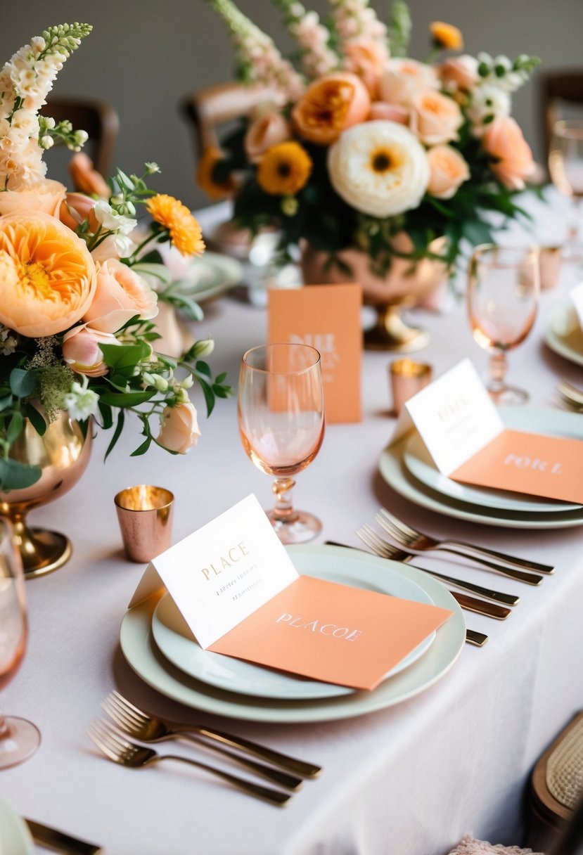 A table set with peach and ivory place cards, surrounded by floral arrangements in matching colors