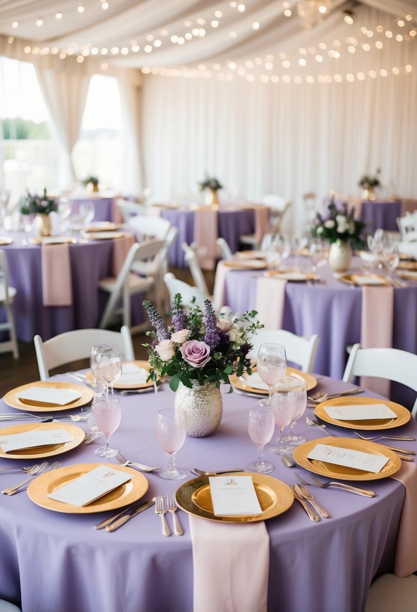 Lavender and light pink wedding tables adorned with gold and silver chargers for extra sparkle