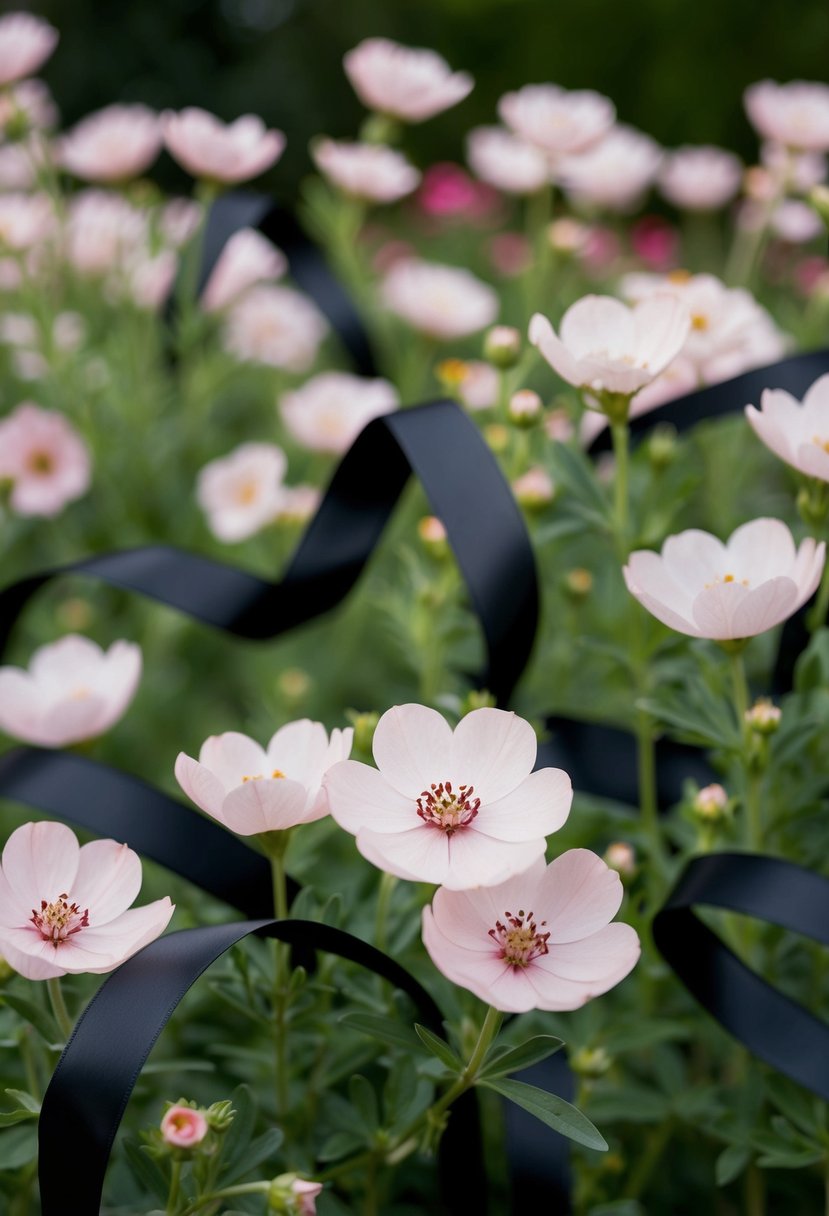 A garden with light pink flowers and black ribbons intertwined