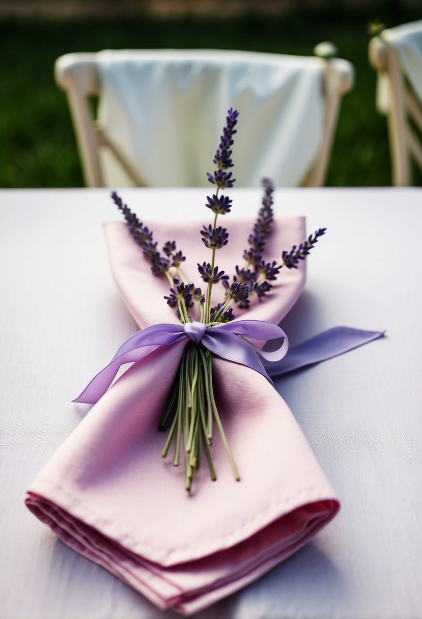 Light pink napkins tied with lavender sprigs and silk ribbons on a table