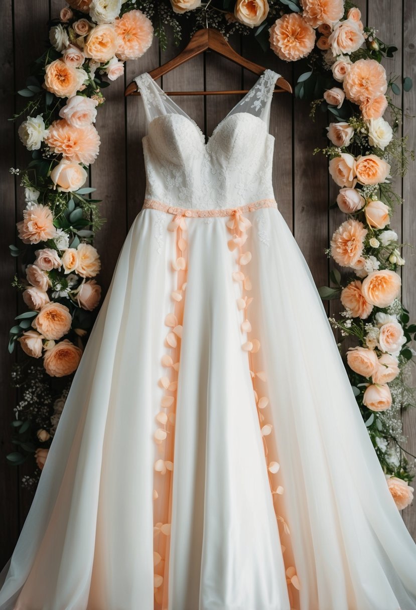 An ivory wedding dress adorned with delicate peach accents hangs on a vintage wooden hanger, surrounded by peach-colored flowers and ribbons