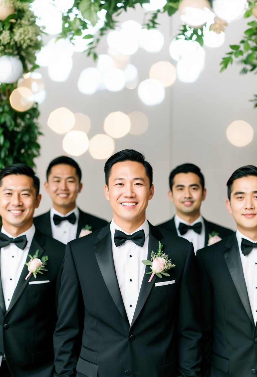 A group of black tuxedos with light pink boutonnières arranged in a stylish and elegant manner