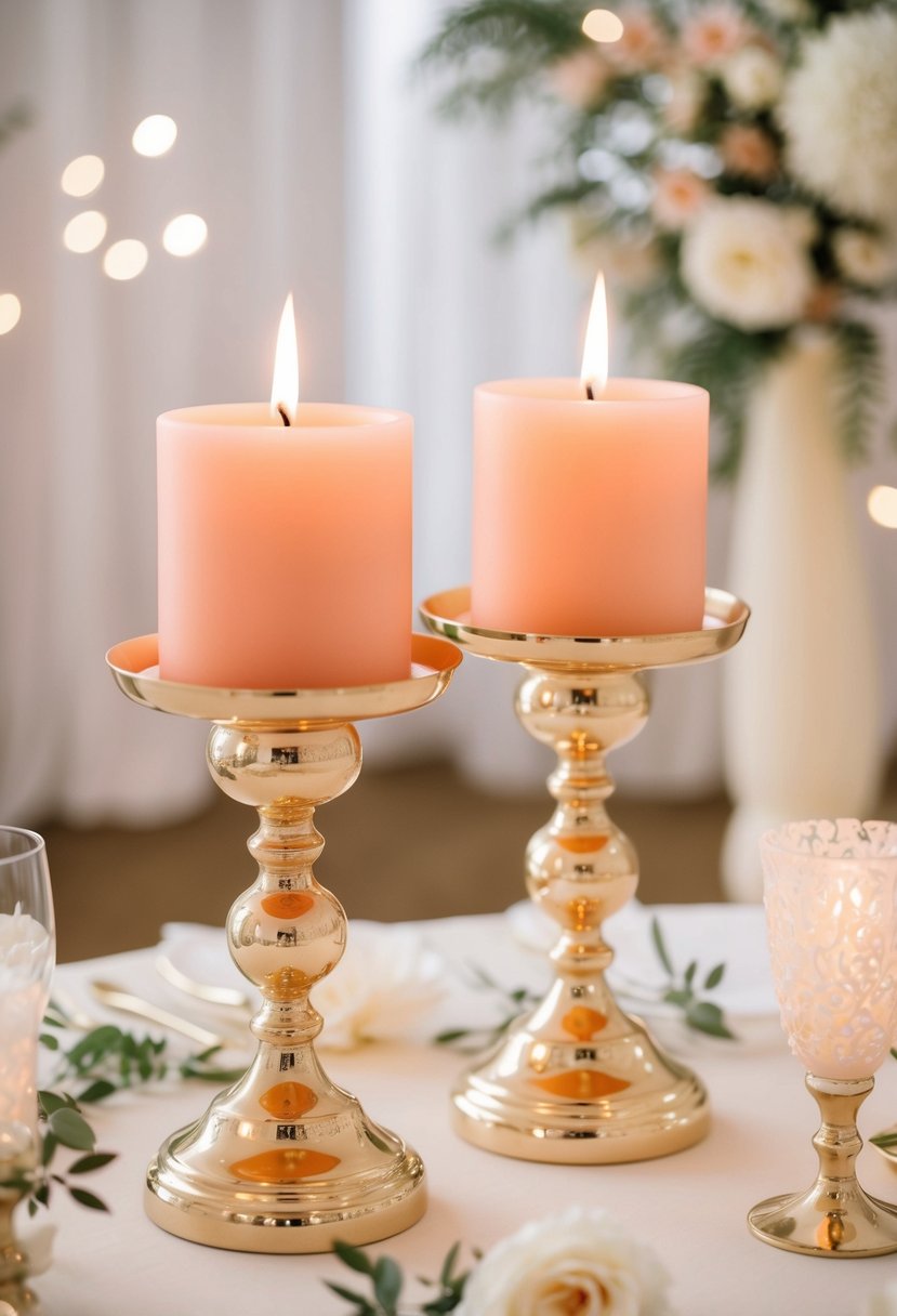 Two elegant candle holders in peach and gold, surrounded by soft ivory wedding decor