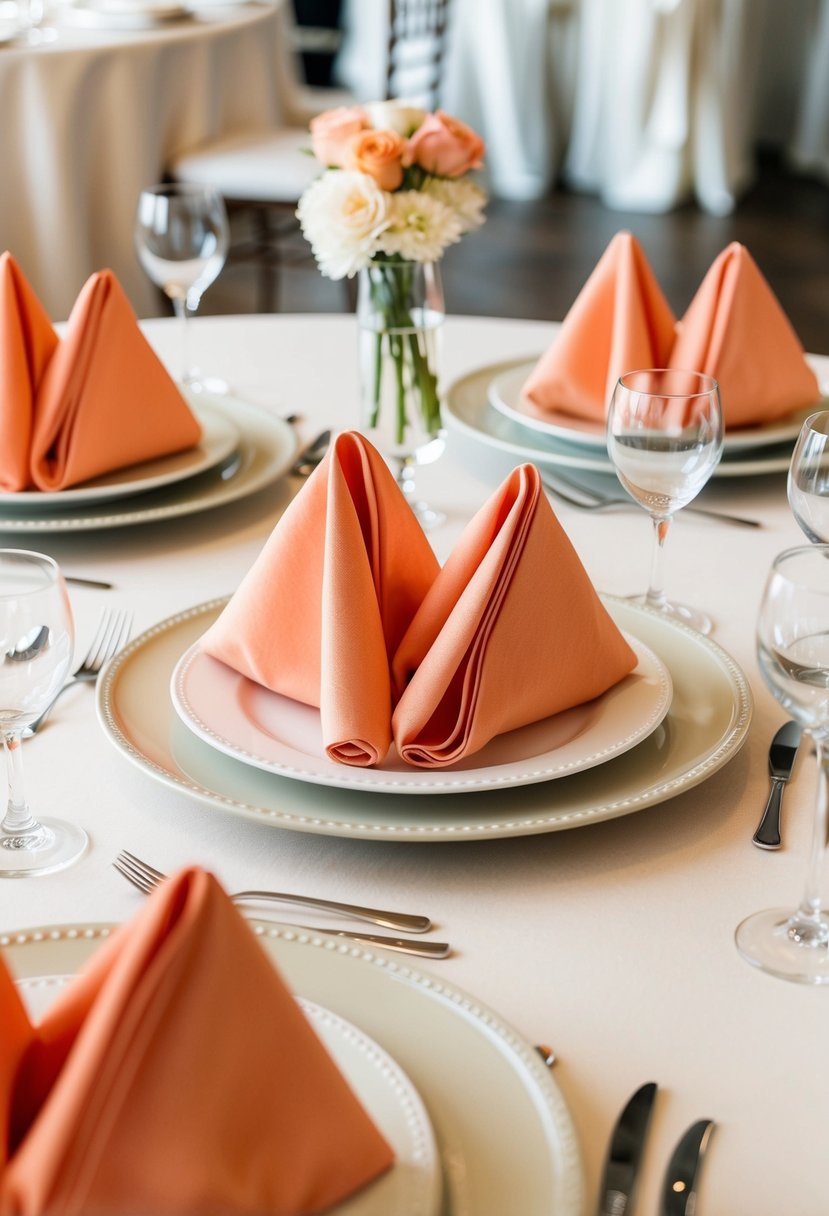 Peach napkins arranged on ivory linens for a wedding table setting