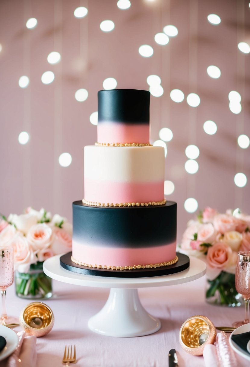 A black and pink ombre cake stands as a centerpiece dessert, surrounded by light pink wedding decor