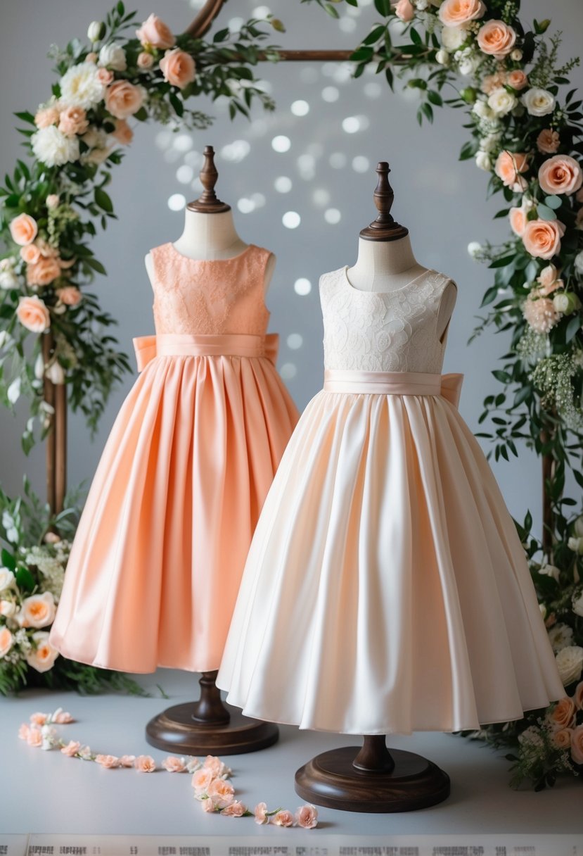 Two flower girl dresses in peach and ivory, surrounded by matching floral arrangements and decor for a wedding