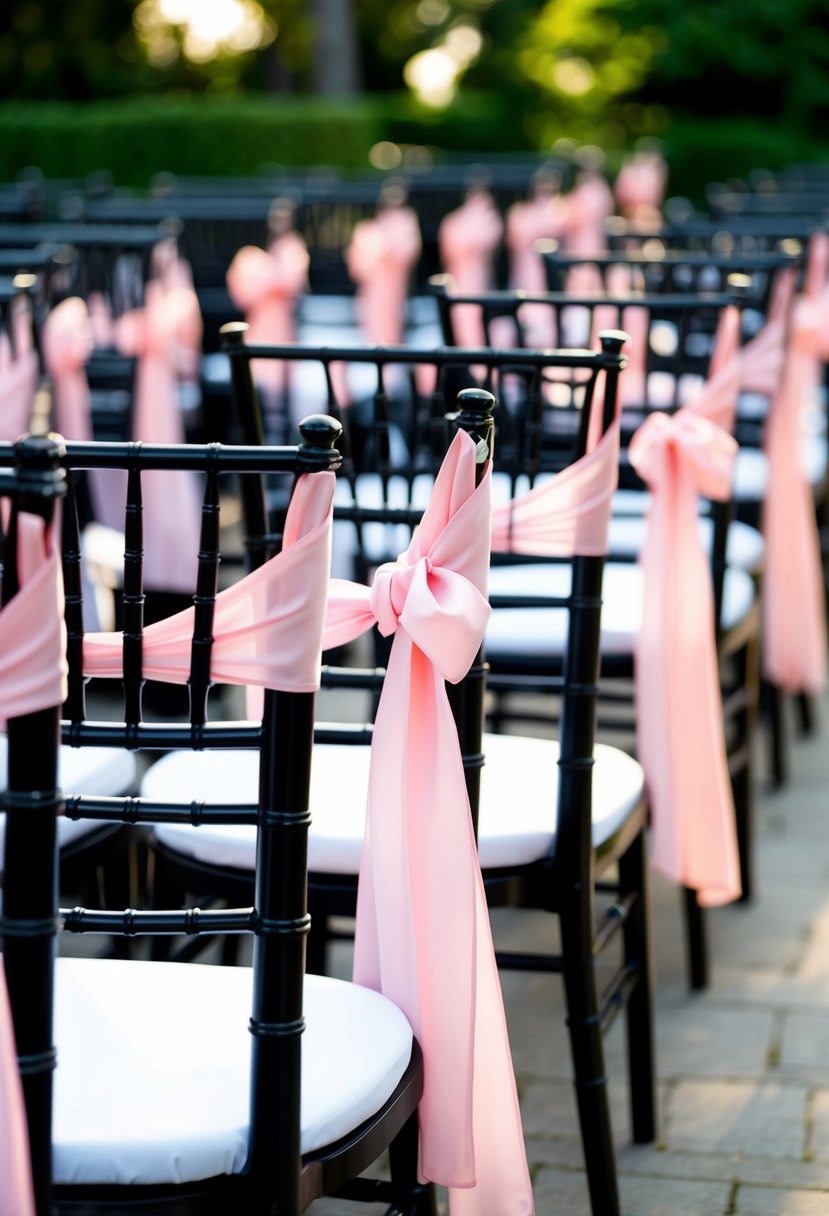 Black chairs with light pink sashes arranged in a wedding setting