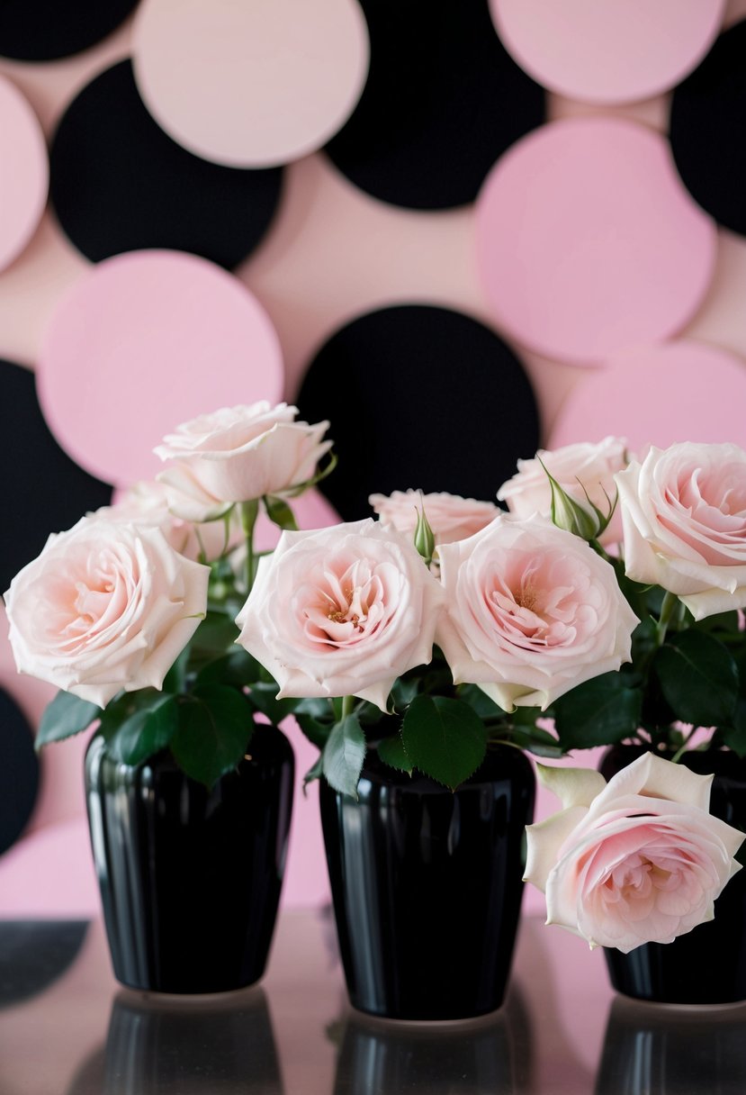 Light pink roses in black vases, set against a backdrop of black and light pink wedding color ideas