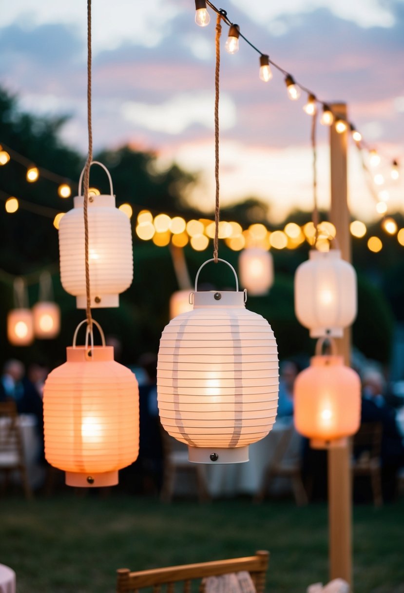 Peach and ivory lanterns hanging in an outdoor wedding setting, casting a warm glow in the evening