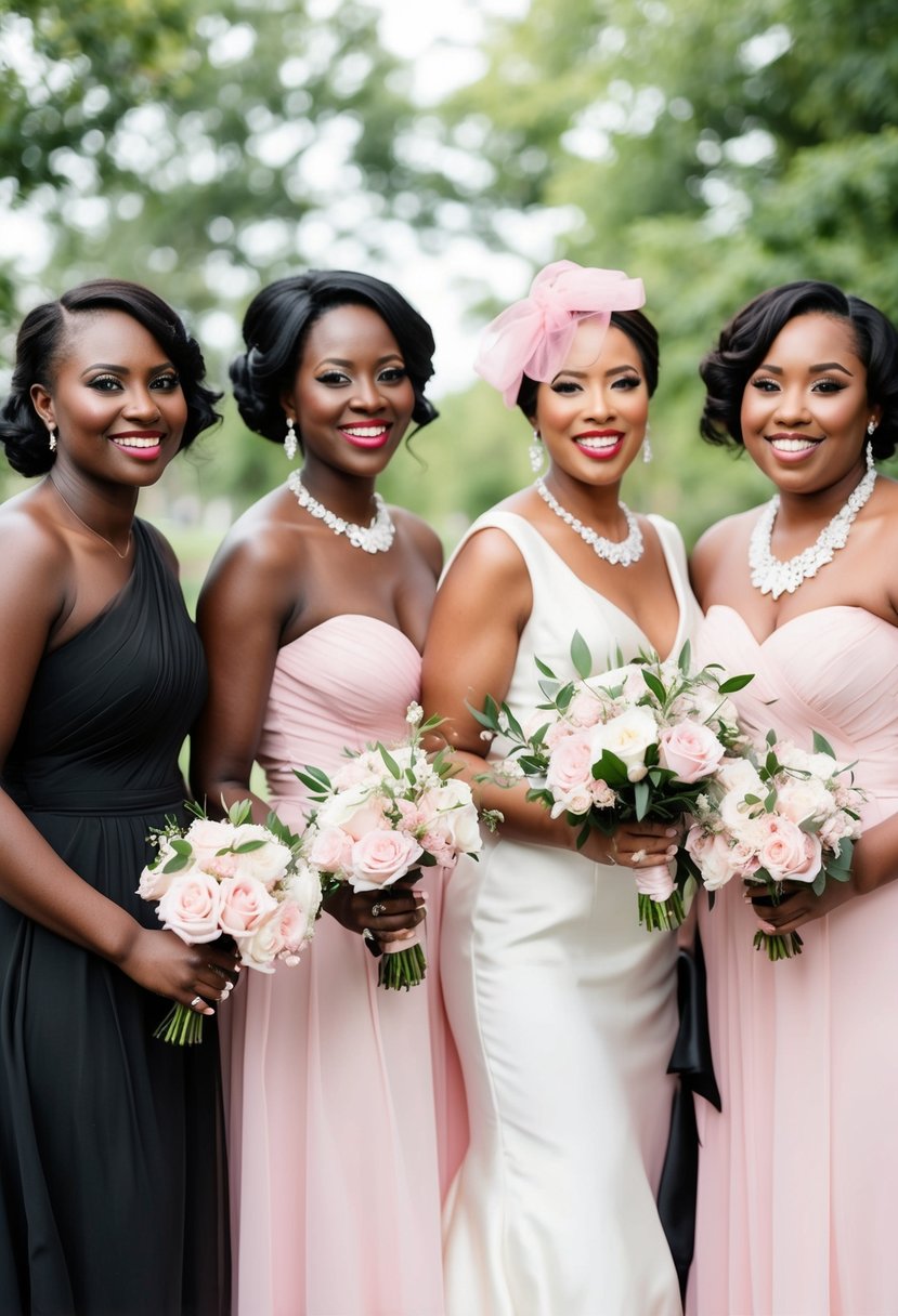 Black bridesmaids in pink accessories at a wedding, with black and light pink color scheme