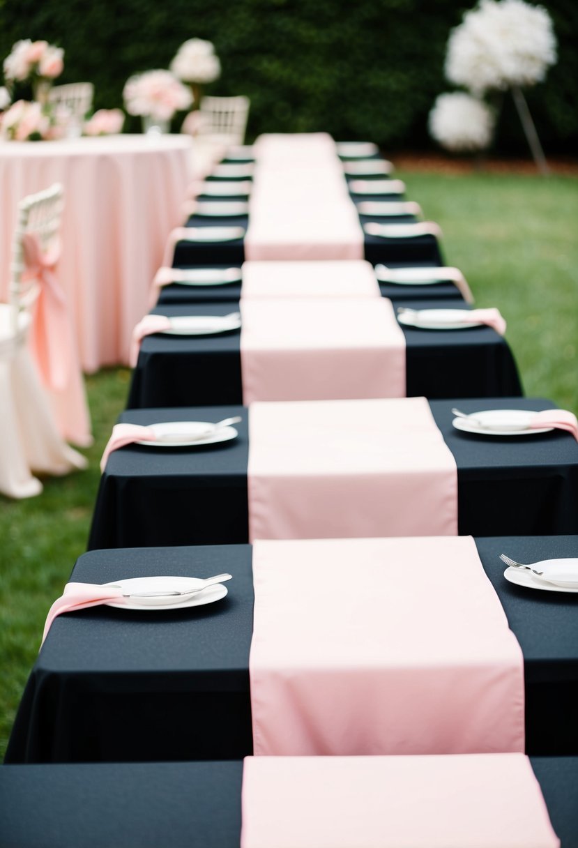 Light pink table runners on black tables at a wedding