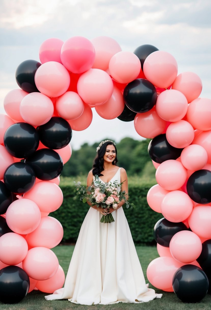 Pink and black balloon arches create a whimsical wedding backdrop