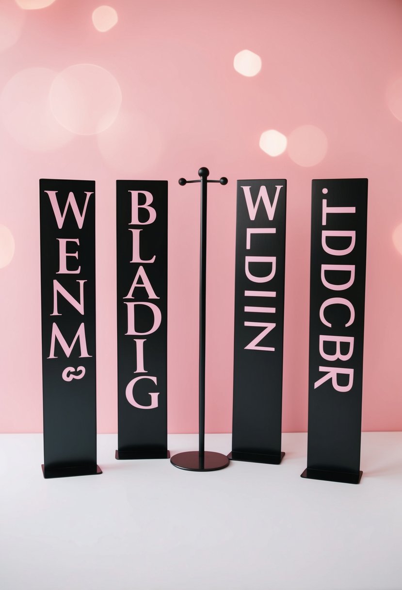 Black wedding signs with pink lettering stand against a light pink background, creating a striking contrast