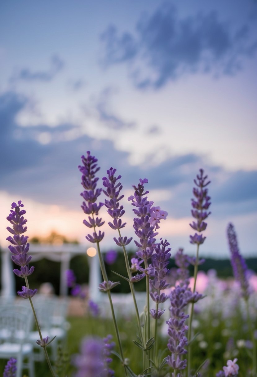 Soft lavender and light pink flowers bloom under a dusky sky, casting a dreamy, pastel glow over a tranquil wedding setting