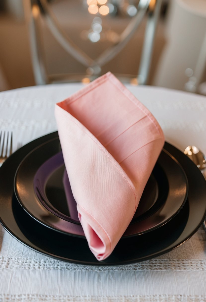 Elegantly folded light pink napkins on black plates