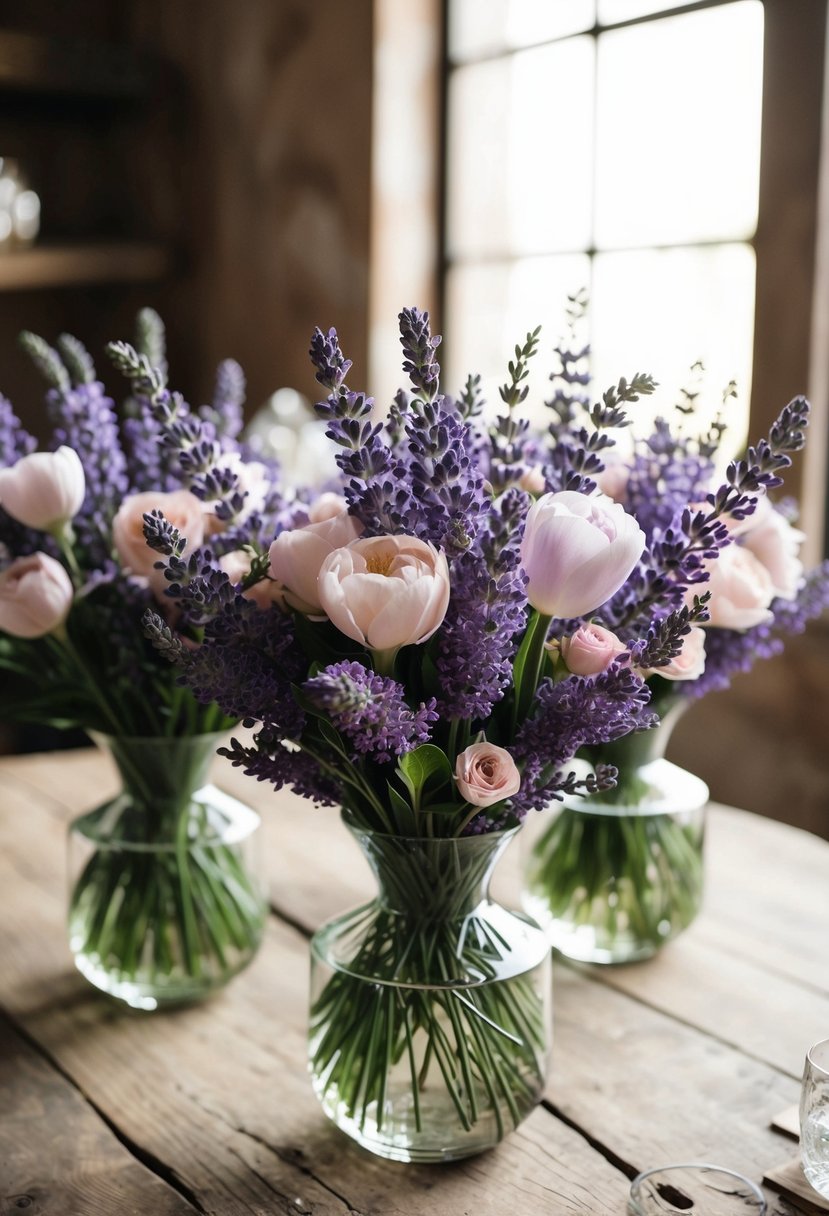 Bouquets of lavender and light pink flowers arranged in vases on a rustic wooden table