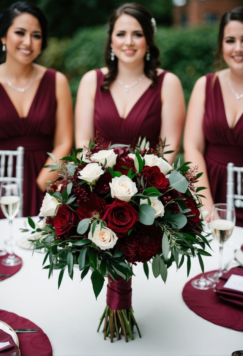 A maroon wedding bouquet with matching table decor and bridesmaid dresses