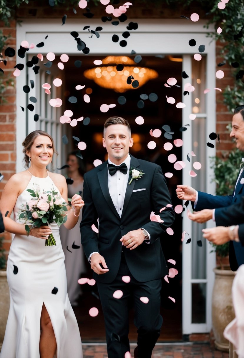 Black and light pink confetti falling in the air for the wedding reception exit